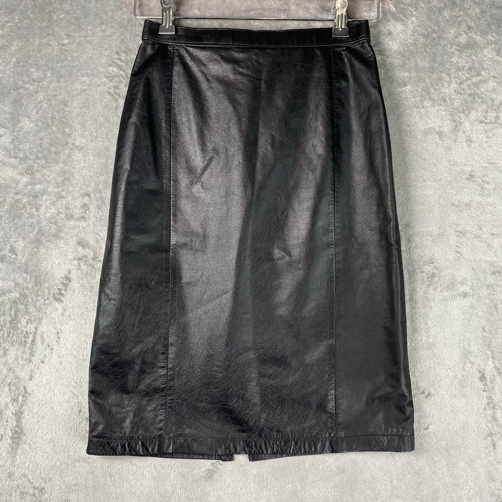 Vtg G-III Skirt Womens Sz 26 Black Leather Midi Pencil Elevated Basic Goth Biker